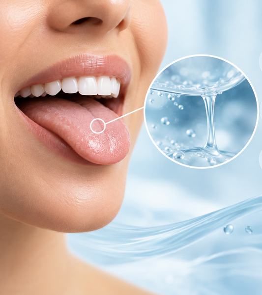Close-up of a smiling woman with her tongue extended, featuring a magnified view of saliva to illustrate moisture and saliva production in the mouth.