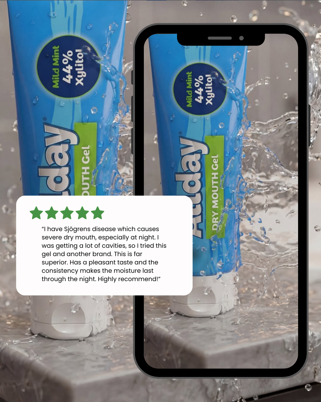 Allday Dry Mouth Gel tube with smartphone displaying product image and customer review on a wet surface.