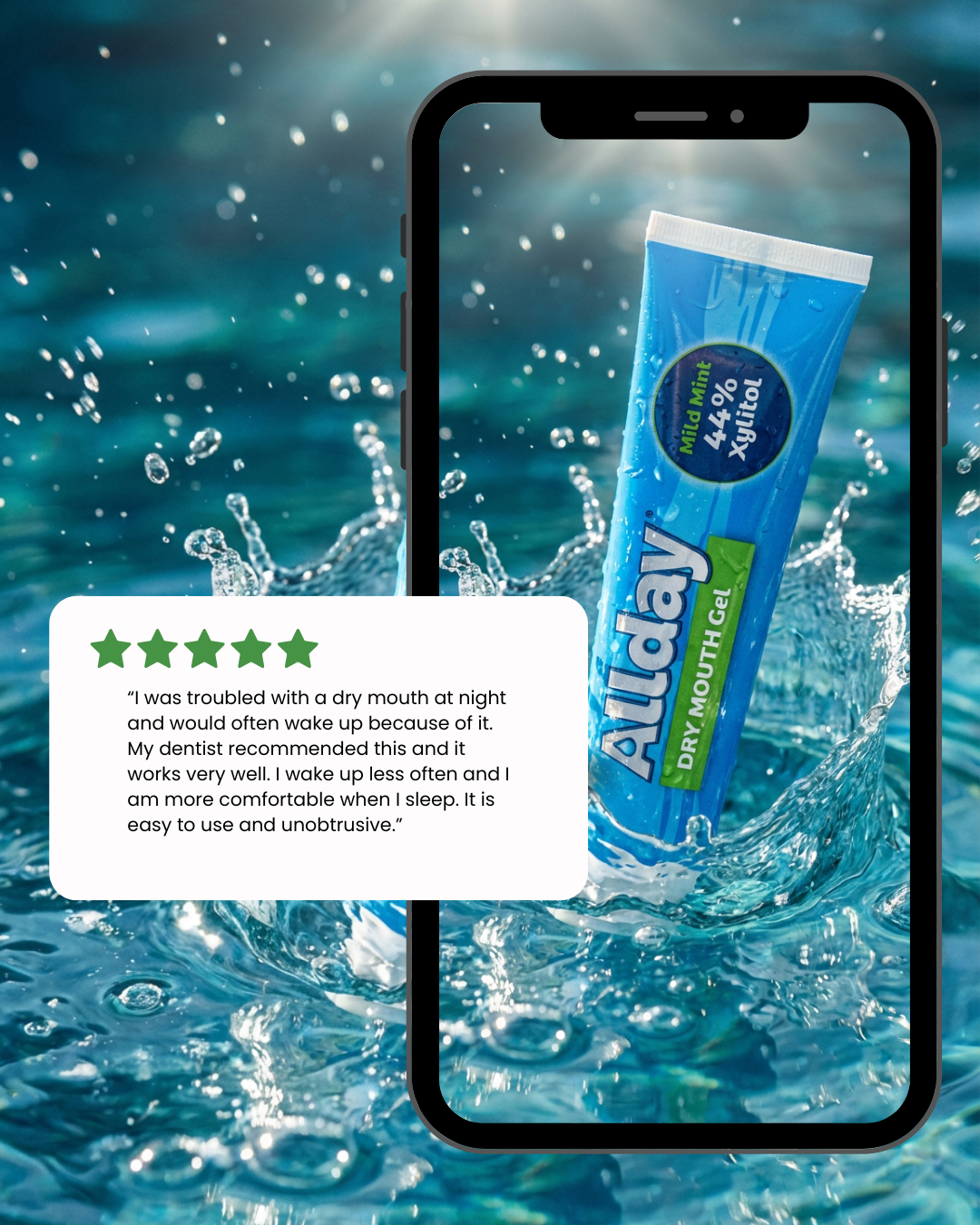 Allday dry mouth gel tube with smartphone displaying 5 star review on water background
