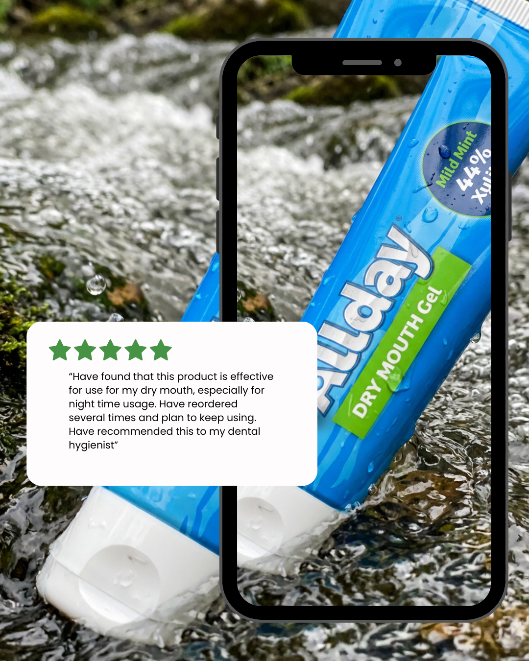 AllDay dry mouth gel with a phone overlay showing 5 star customer review over a waterfall