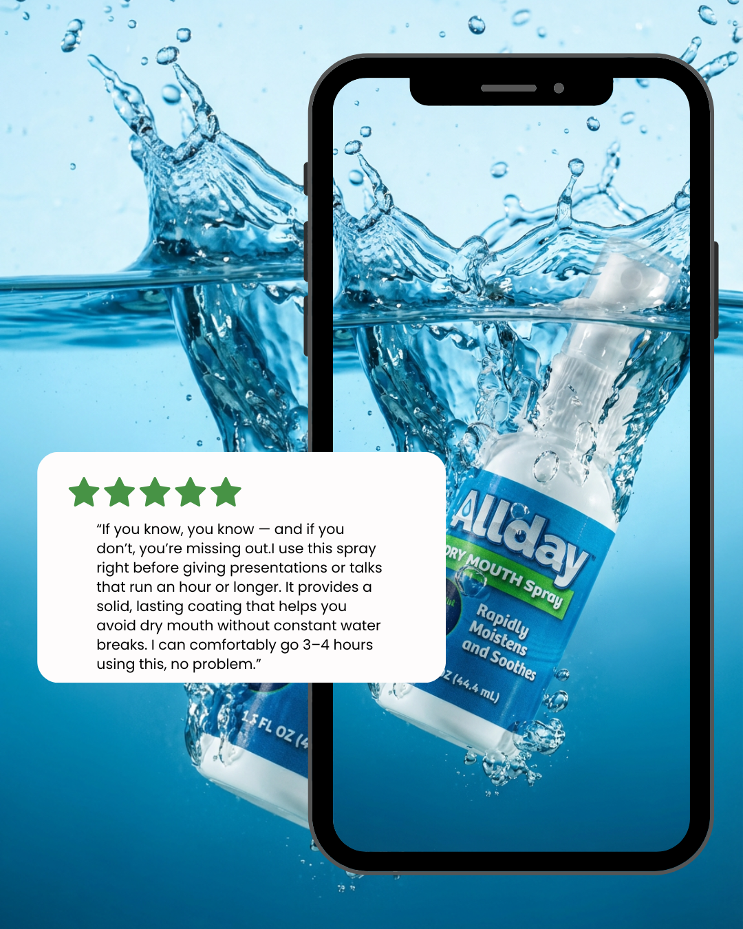 Phone screen showing an Allday Dry Mouth Spray product with water splashes and a five-star rating text overlay.