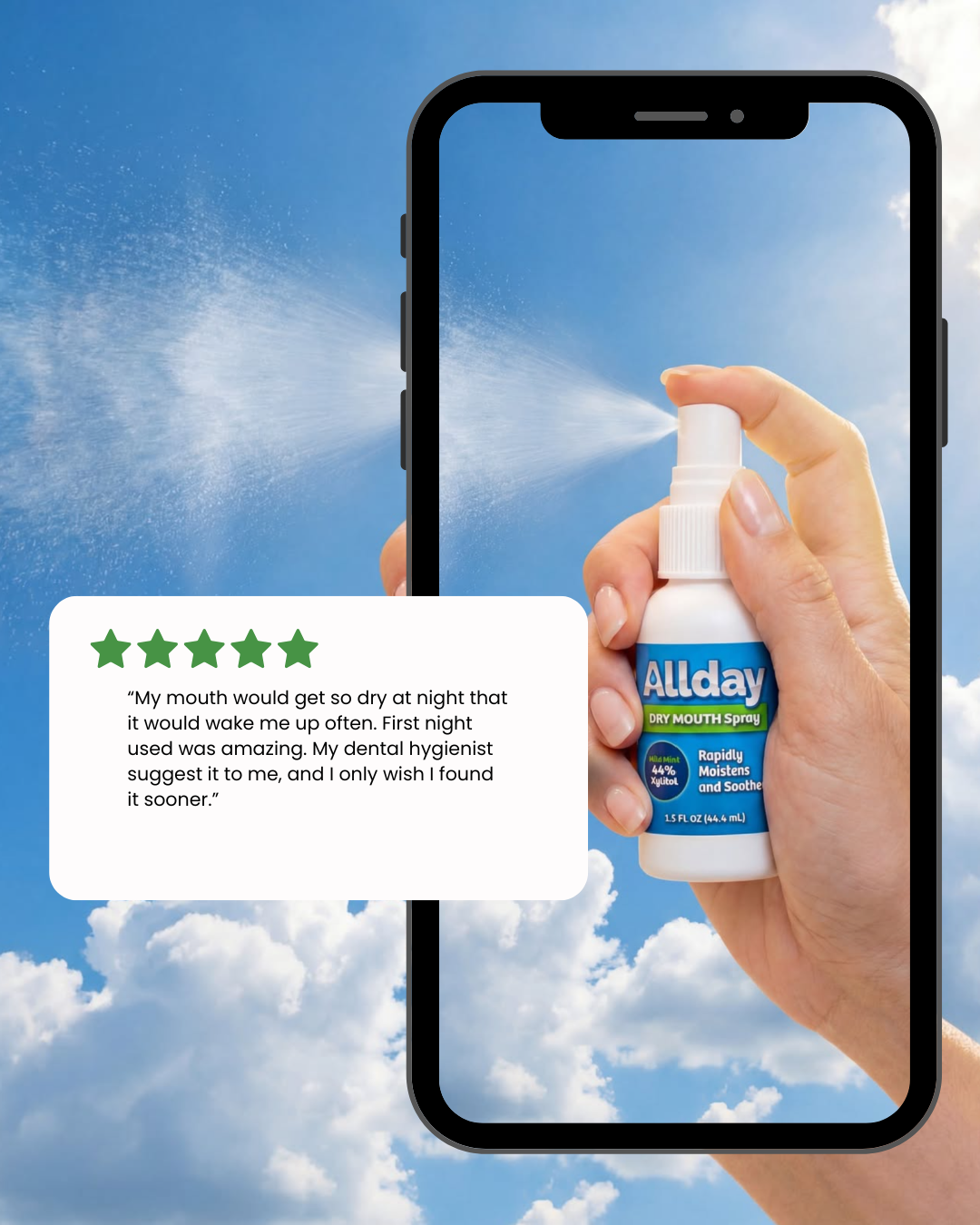 Hand holding Allday dry mouth spray with a phone screen displaying a five-star review against a blue sky background.