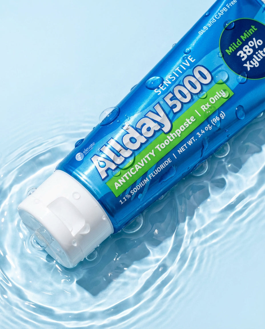 AllDay 5000 prescription toothpaste tube on a water surface
