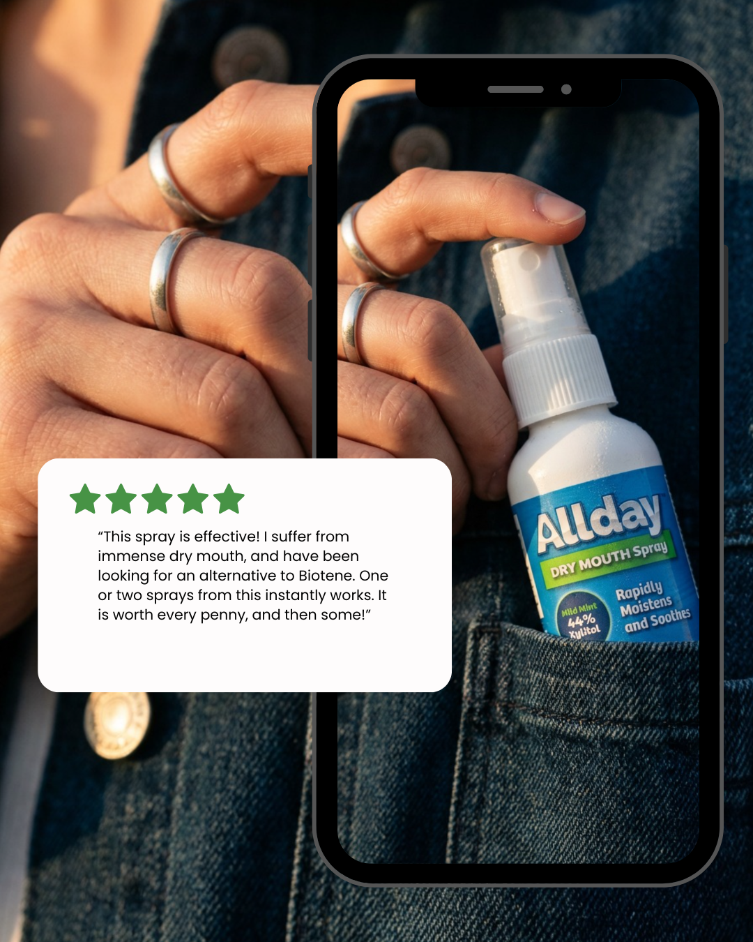 Person holding a Allday Dry Mouth Spray bottle, putting it into their pocket with a five-star rating card.