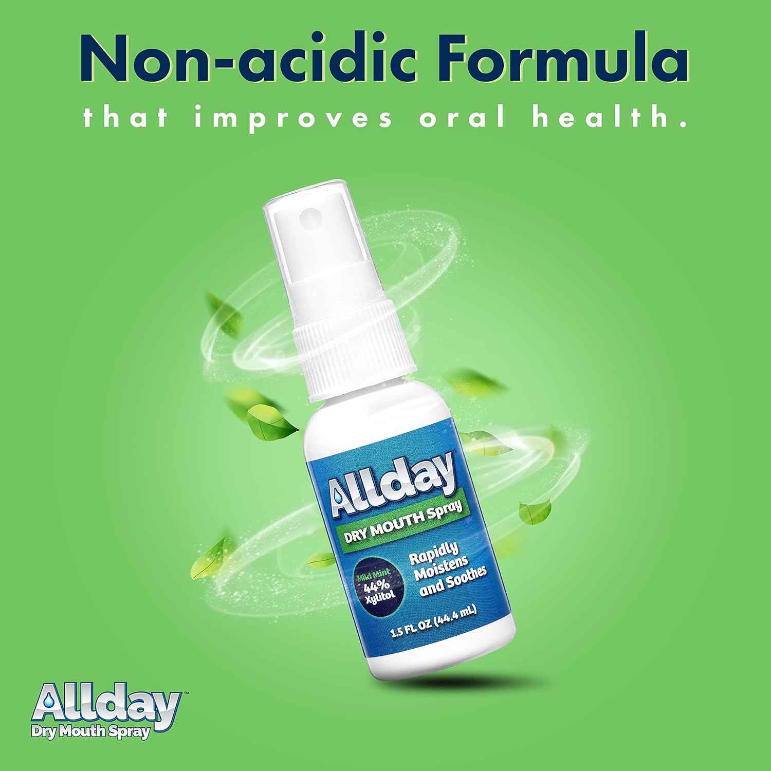 Allday Dry Mouth Spray bottles — mild mint formula with 44% xylitol and neutral pH that rapidly moisturizes and soothes oral tissue for long-lasting dry mouth relief.