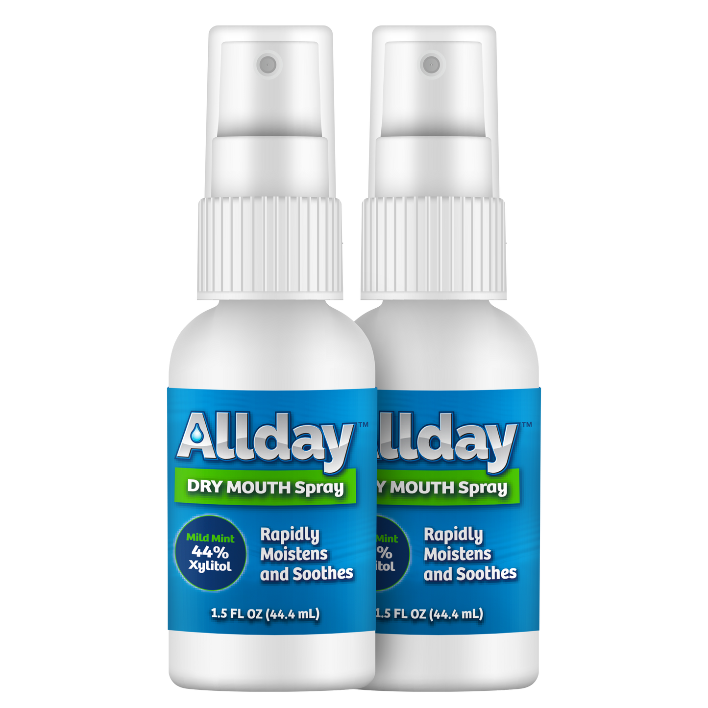 Allday Dry Mouth Spray bottles — mild mint formula with 44% xylitol and neutral pH that rapidly moisturizes and soothes oral tissue for long-lasting dry mouth relief.