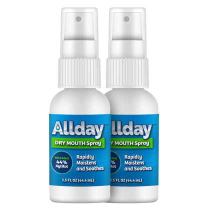 Allday Dry Mouth Spray bottles — mild mint formula with 44% xylitol and neutral pH that rapidly moisturizes and soothes oral tissue for long-lasting dry mouth relief.