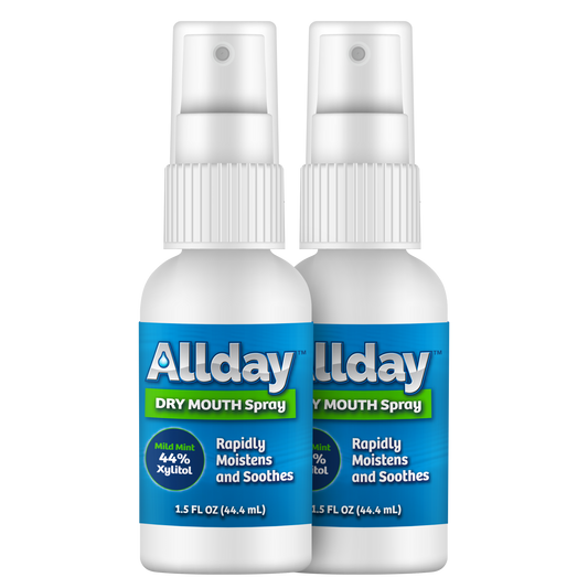 Allday Dry Mouth Spray bottles — mild mint formula with 44% xylitol and neutral pH that rapidly moisturizes and soothes oral tissue for long-lasting dry mouth relief.