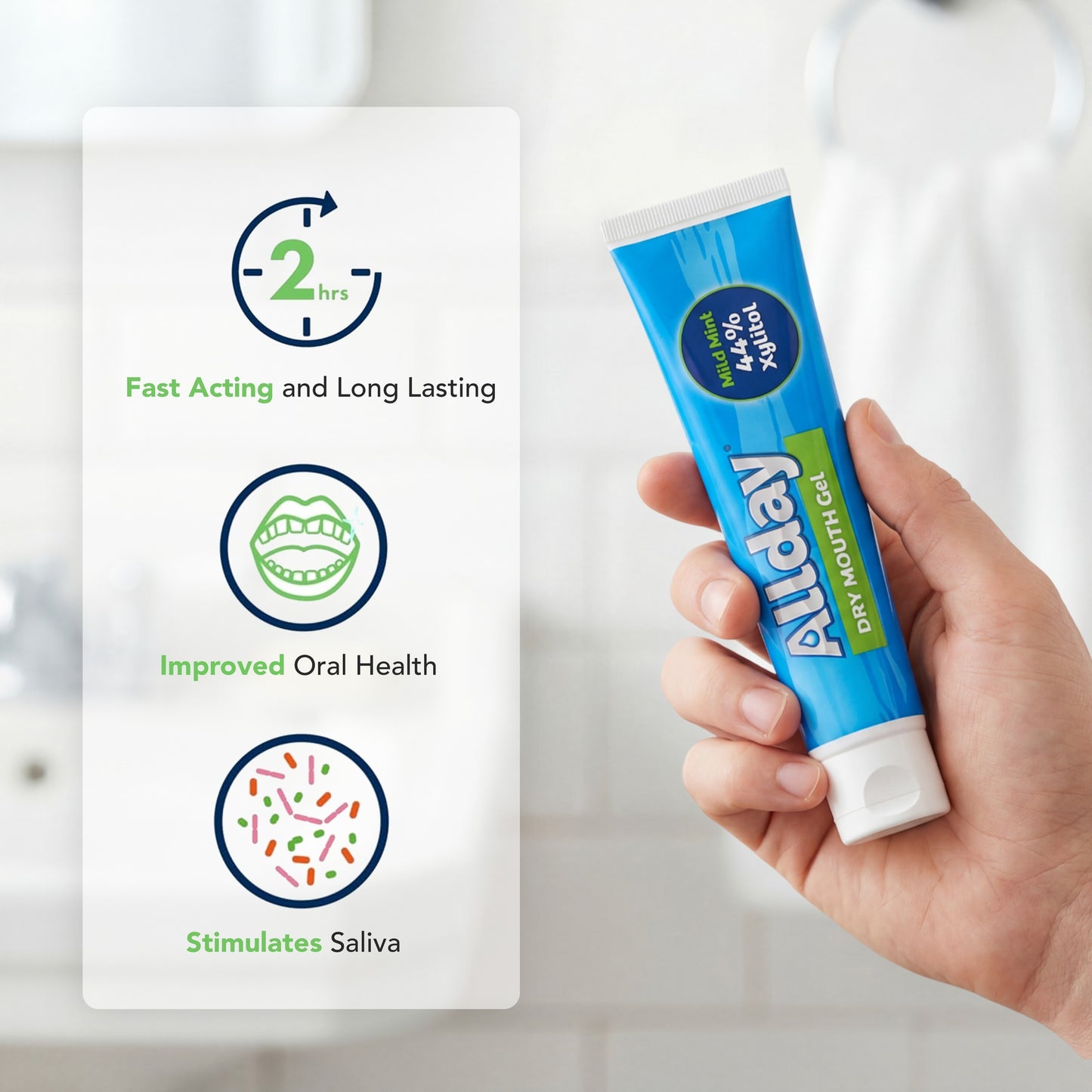 Allday Dry Mouth Gel — mild mint formula with 44% xylitol and neutral pH that rapidly moisturizes and soothes oral tissue for long-lasting dry mouth relief.