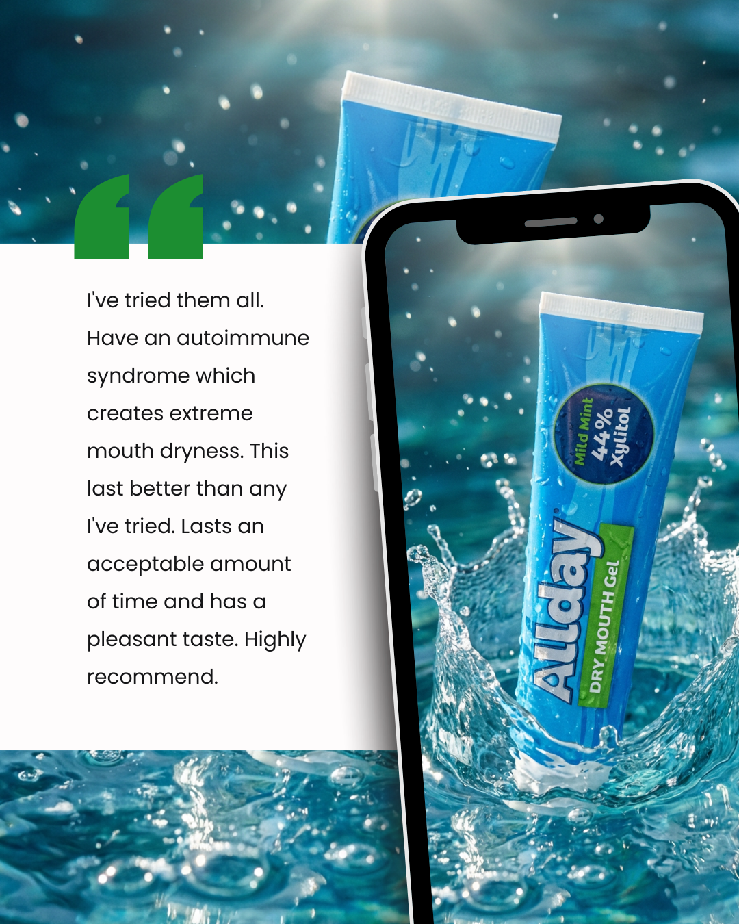 AllDay mouthwash gel packaging with a smartphone displaying a review on a blue water splash background