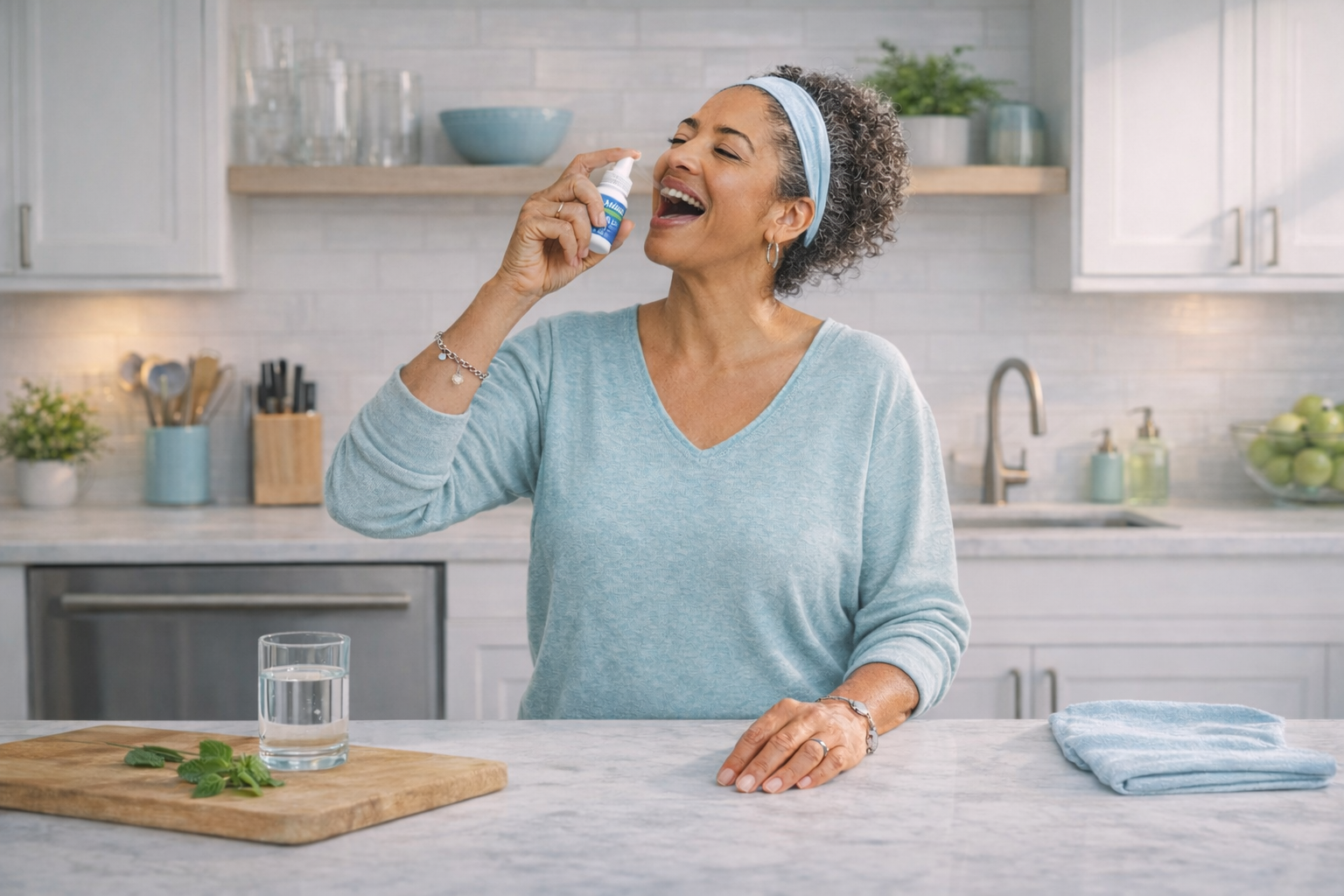 Woman in a kitchen using Allday Dry Mouth spray, with a glass of water and cutting board on the counter.