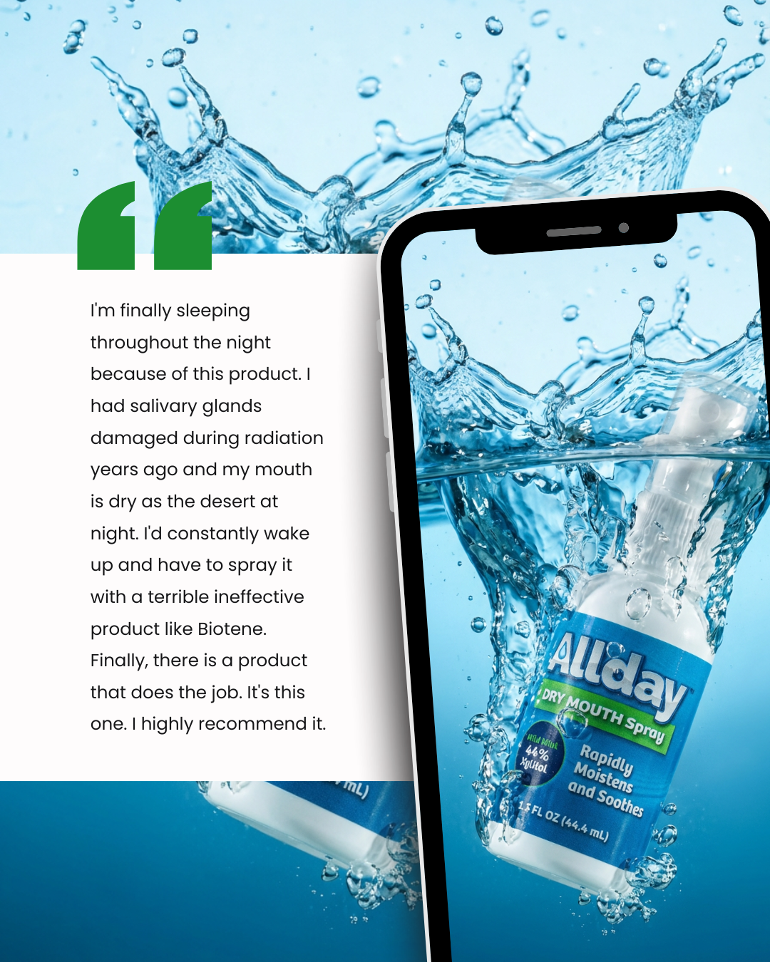 AllDay dry mouth spray bottle with customer review on a blue water background