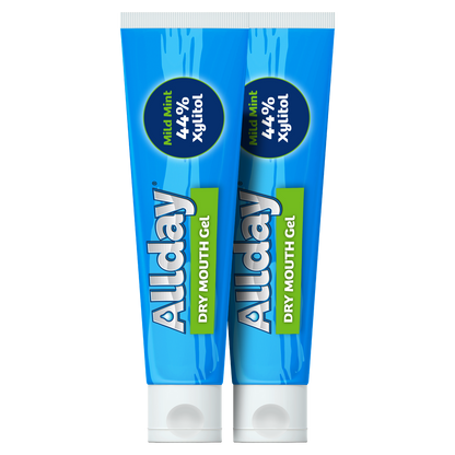 Allday Dry Mouth Gel — mild mint formula with 44% xylitol and neutral pH that rapidly moisturizes and soothes oral tissue for long-lasting dry mouth relief.