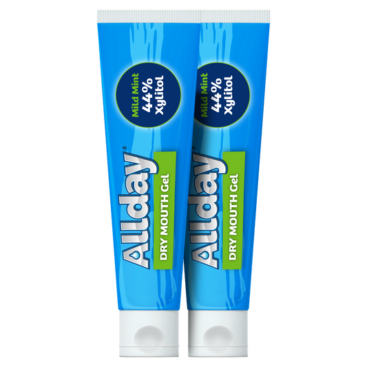 Allday Dry Mouth Gel — mild mint formula with 44% xylitol and neutral pH that rapidly moisturizes and soothes oral tissue for long-lasting dry mouth relief.