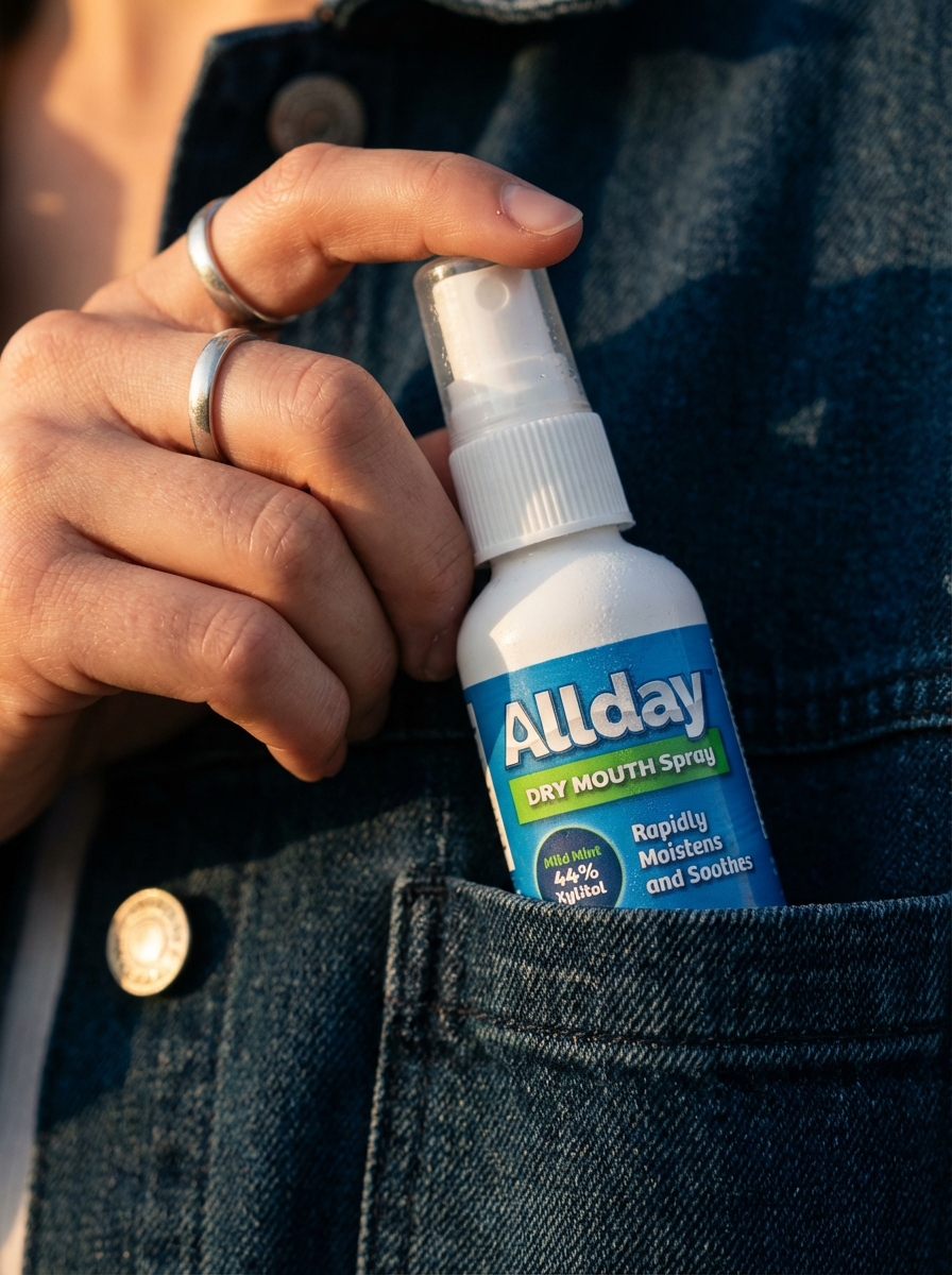 Allday Dry Mouth Spray bottles — mild mint formula with 44% xylitol and neutral pH that rapidly moisturizes and soothes oral tissue for long-lasting dry mouth relief.
