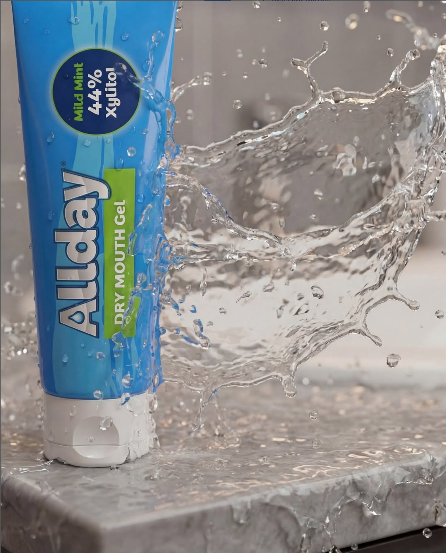 Allday Dry Mouth Gel — mild mint formula with 44% xylitol and neutral pH that rapidly moisturizes and soothes oral tissue for long-lasting dry mouth relief.