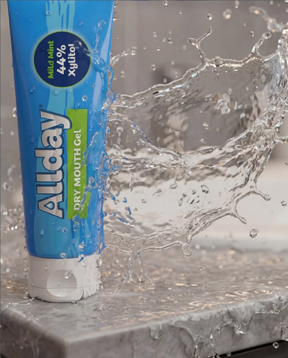 Allday Dry Mouth Gel — mild mint formula with 44% xylitol and neutral pH that rapidly moisturizes and soothes oral tissue for long-lasting dry mouth relief.