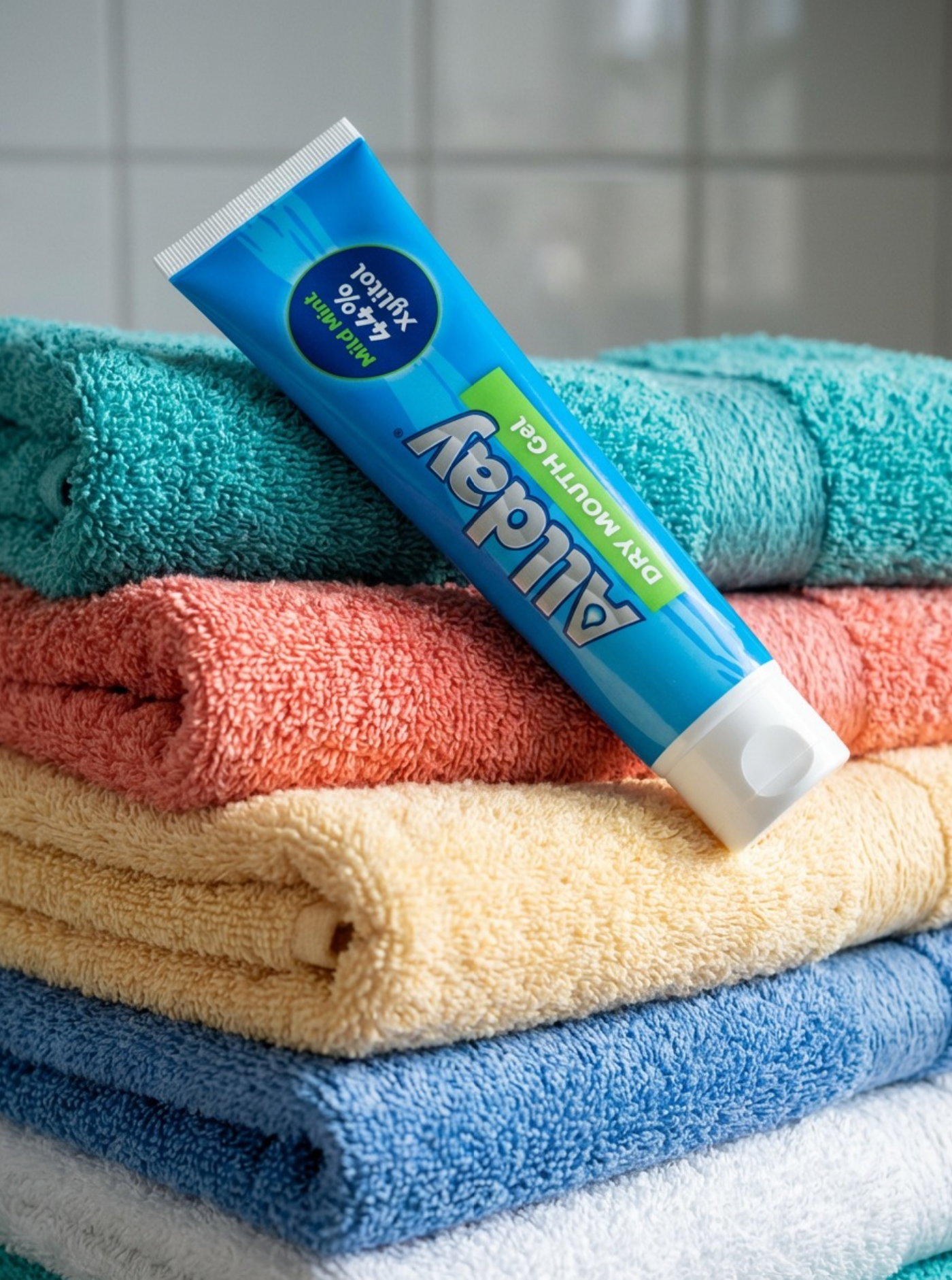 Allday Dry Mouth gel pictured in a bathroom on top of a stack of towels