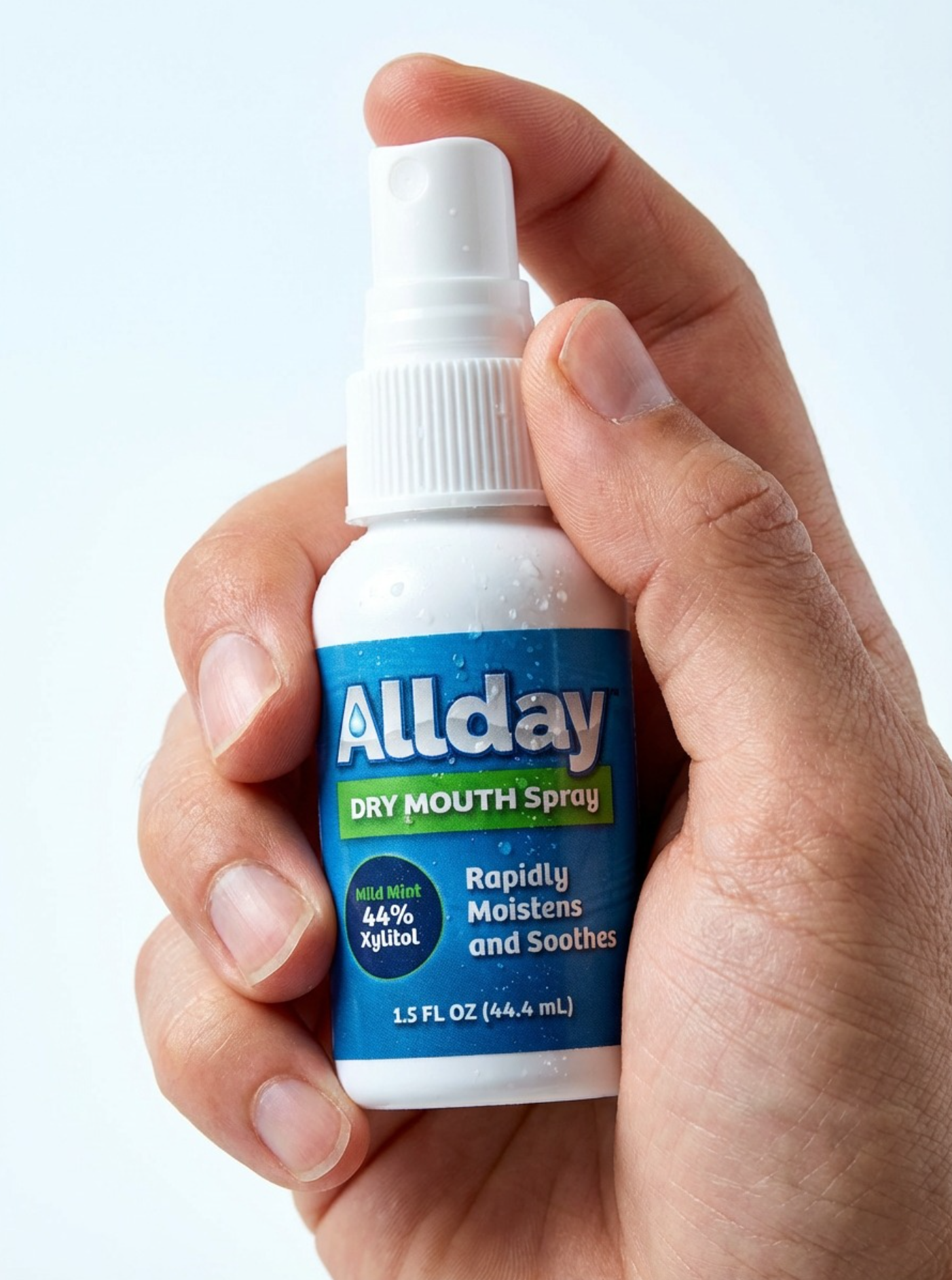 Allday Dry Mouth Spray pictured in a persons hand