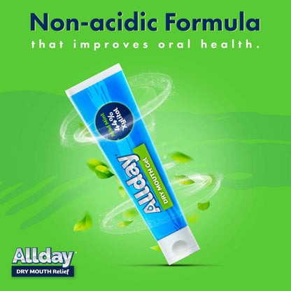 Allday Dry Mouth Gel — mild mint formula with 44% xylitol and neutral pH that rapidly moisturizes and soothes oral tissue for long-lasting dry mouth relief.
