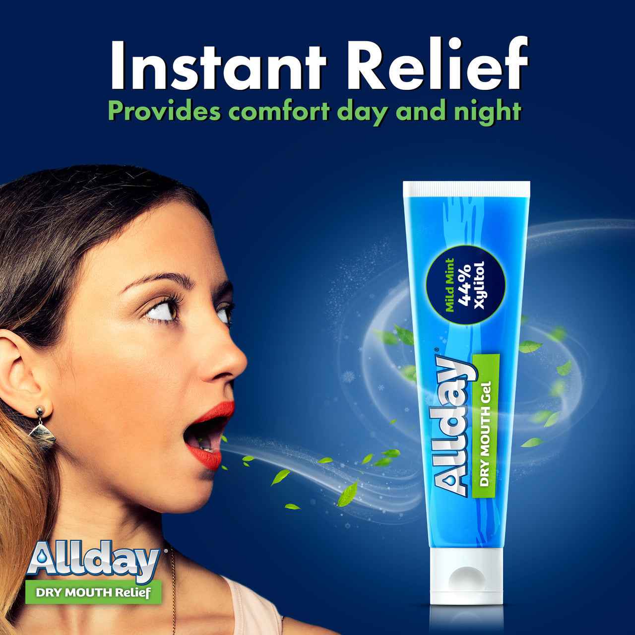 Allday® Dry Mouth Gel - provides long-lasting dry mouth relief day and night, mild mint formula with 44% xylitol and neutral pH that rapidly moisturizes and soothes oral tissues.