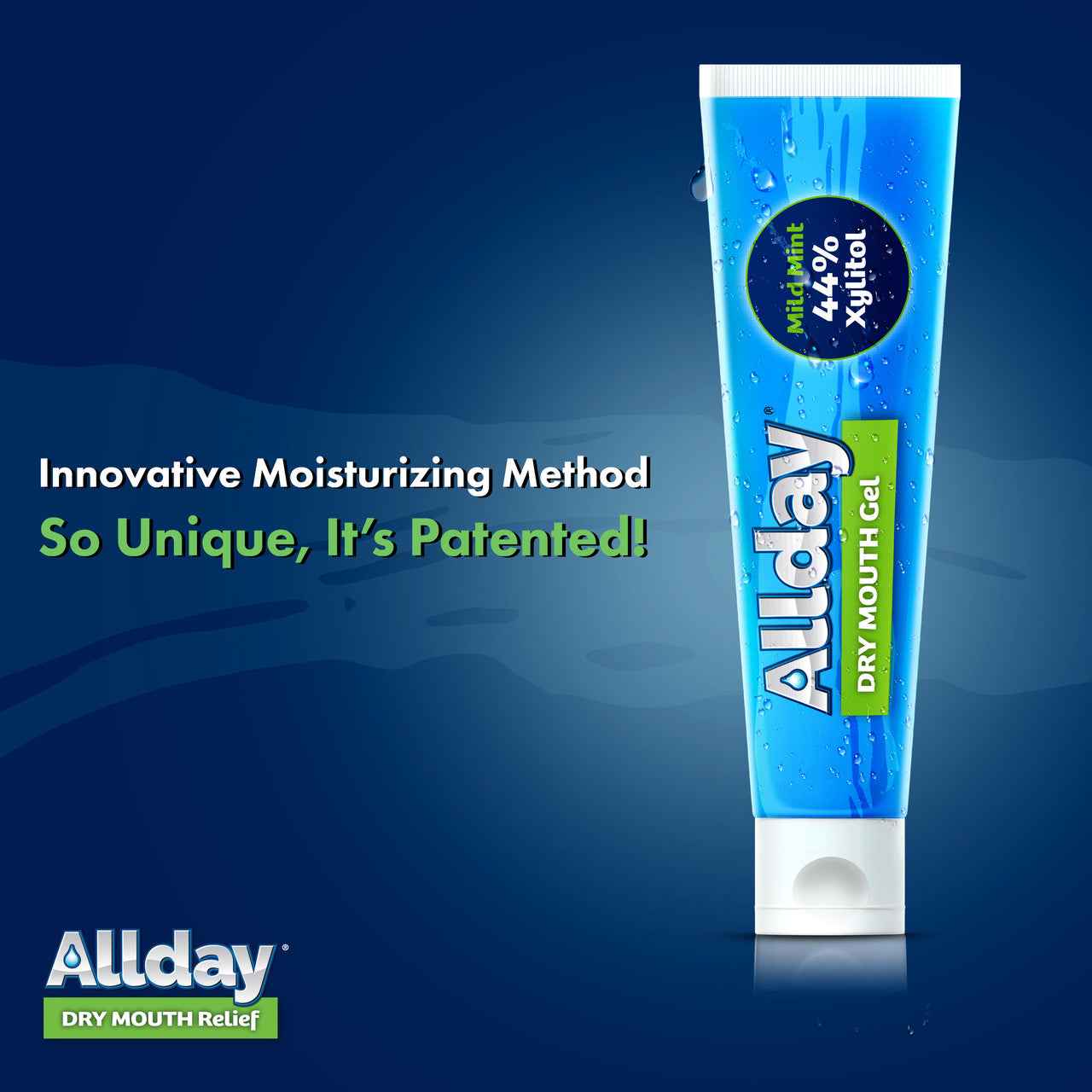 Allday Dry Mouth Gel — mild mint formula with 44% xylitol and neutral pH that rapidly moisturizes and soothes oral tissue for long-lasting dry mouth relief.