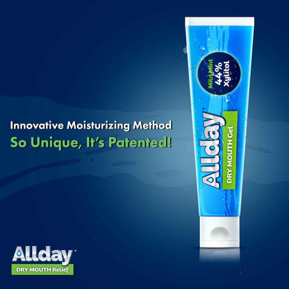 Allday Dry Mouth Gel — mild mint formula with 44% xylitol and neutral pH that rapidly moisturizes and soothes oral tissue for long-lasting dry mouth relief.