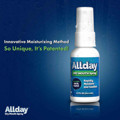 Allday Dry Mouth Spray bottles — mild mint formula with 44% xylitol and neutral pH that rapidly moisturizes and soothes oral tissue for long-lasting dry mouth relief.