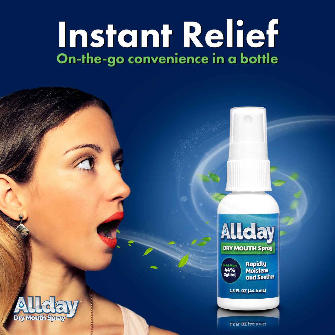 Allday Dry Mouth Spray bottles — mild mint formula with 44% xylitol and neutral pH that rapidly moisturizes and soothes oral tissue for long-lasting dry mouth relief.