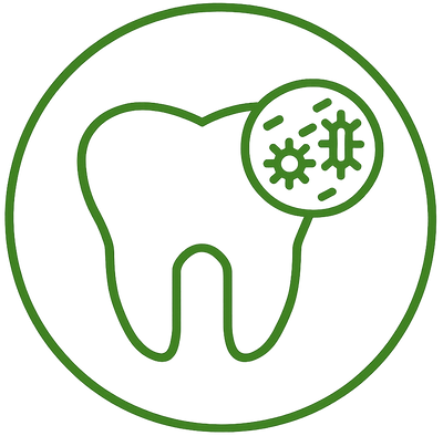 Green icon of a tooth with a focus on dental health, bacteria and cleanliness.