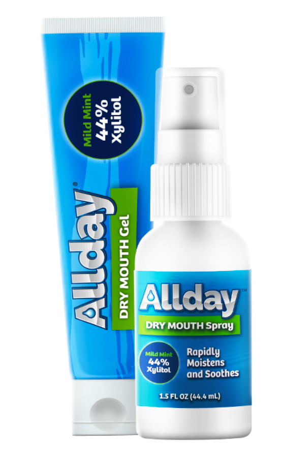 Allday Dry Mouth Spray and Gel — mild mint formula with 44% xylitol and neutral pH that rapidly moisturizes and soothes oral tissue for long-lasting dry mouth relief.