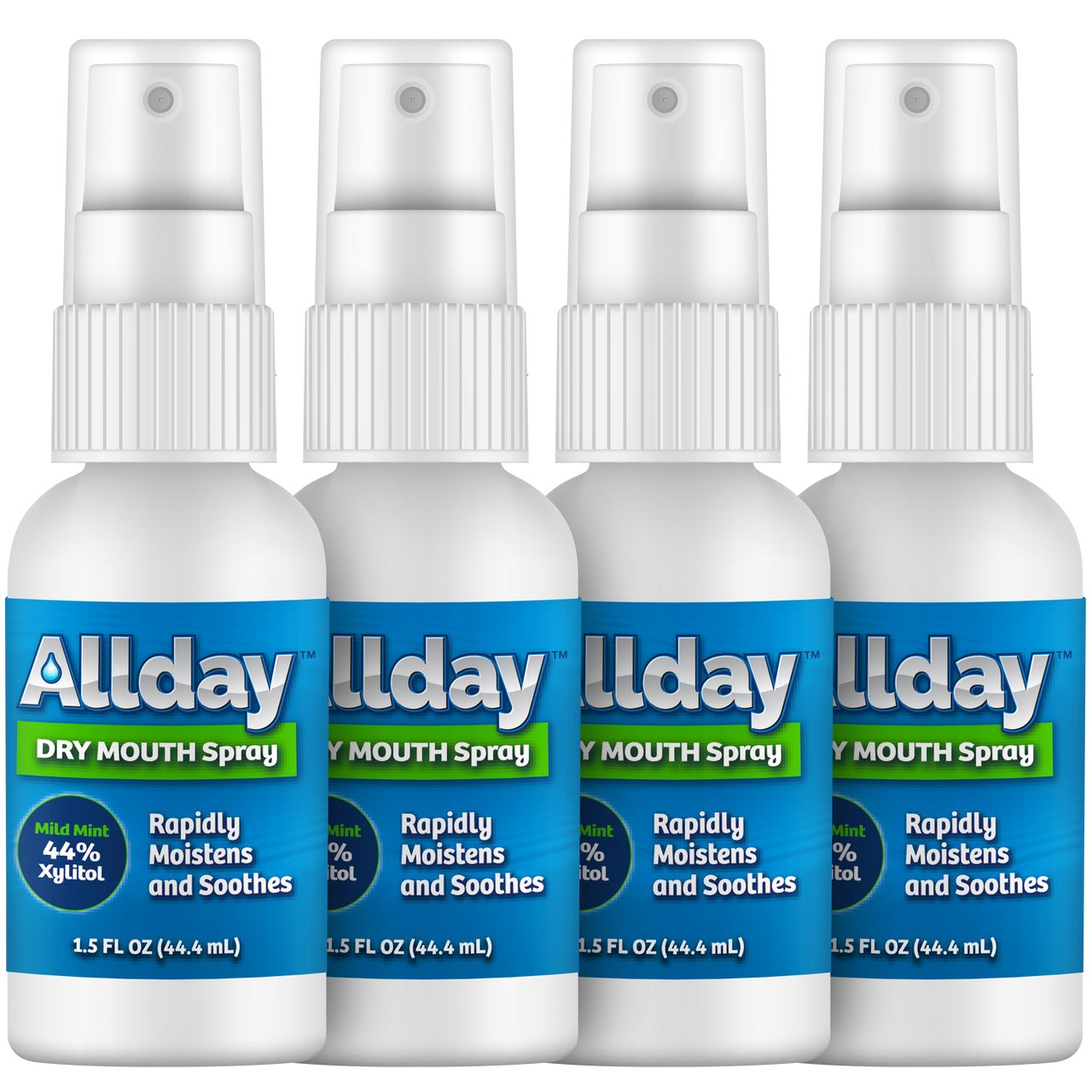 Allday Dry Mouth Spray bottles — mild mint formula with 44% xylitol and neutral pH that rapidly moisturizes and soothes oral tissue for long-lasting dry mouth relief.