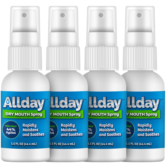 Allday Dry Mouth Spray bottles — mild mint formula with 44% xylitol and neutral pH that rapidly moisturizes and soothes oral tissue for long-lasting dry mouth relief.