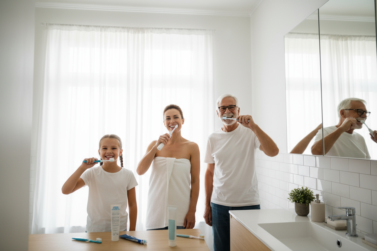 3 people brushing their teeth from 3 generations