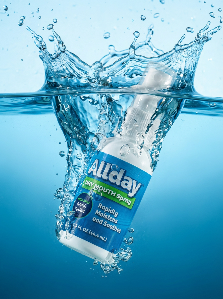 Allday Dry Mouth Spray bottles — mild mint formula with 44% xylitol and neutral pH that rapidly moisturizes and soothes oral tissue for long-lasting dry mouth relief.
