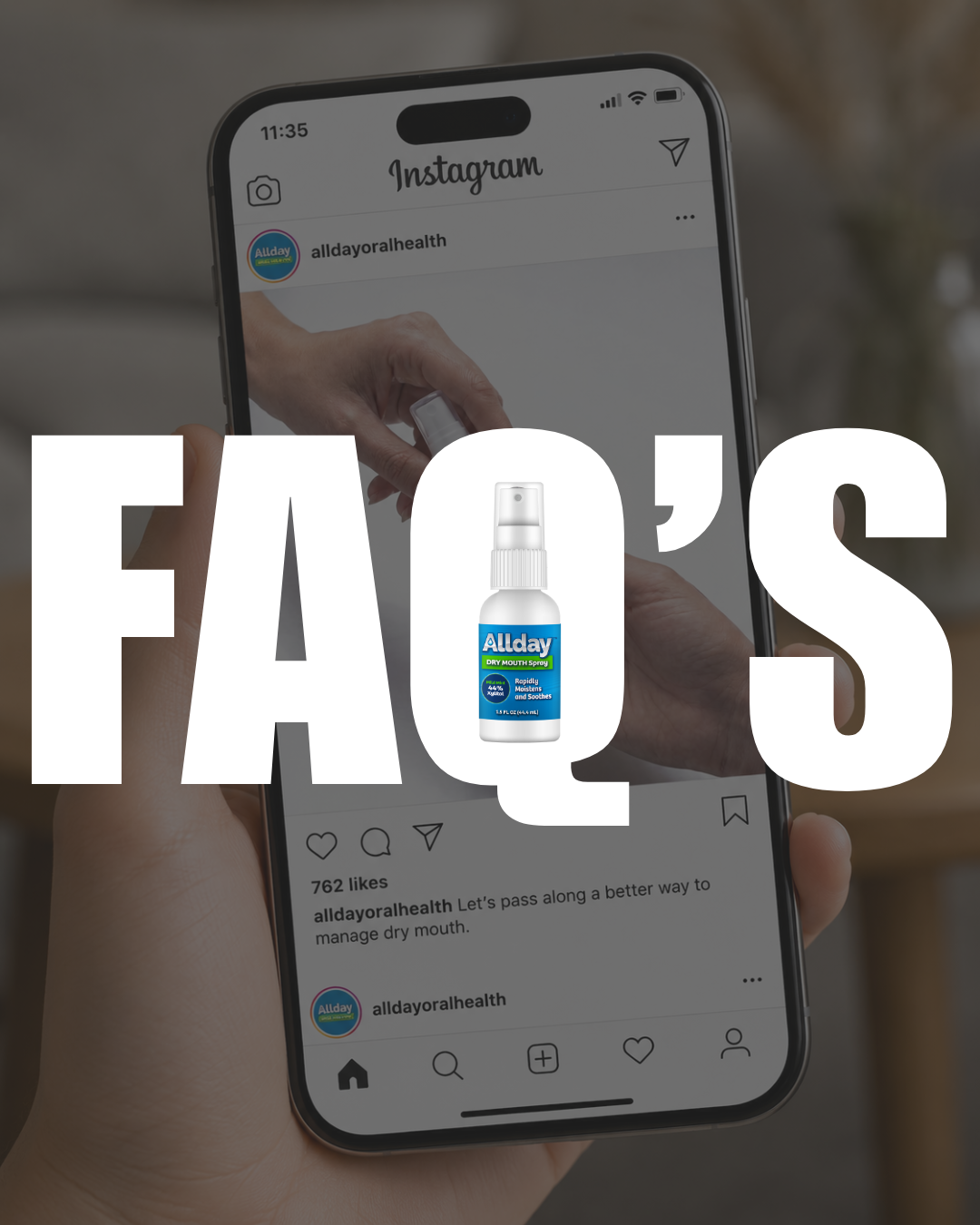 Smartphone displaying an Instagram post with a AllDay Oral Health product, held by a person.