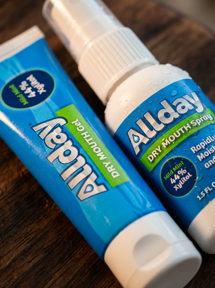 Two bottles of Allday dry mouth product, spray and gel, on a wooden surface
