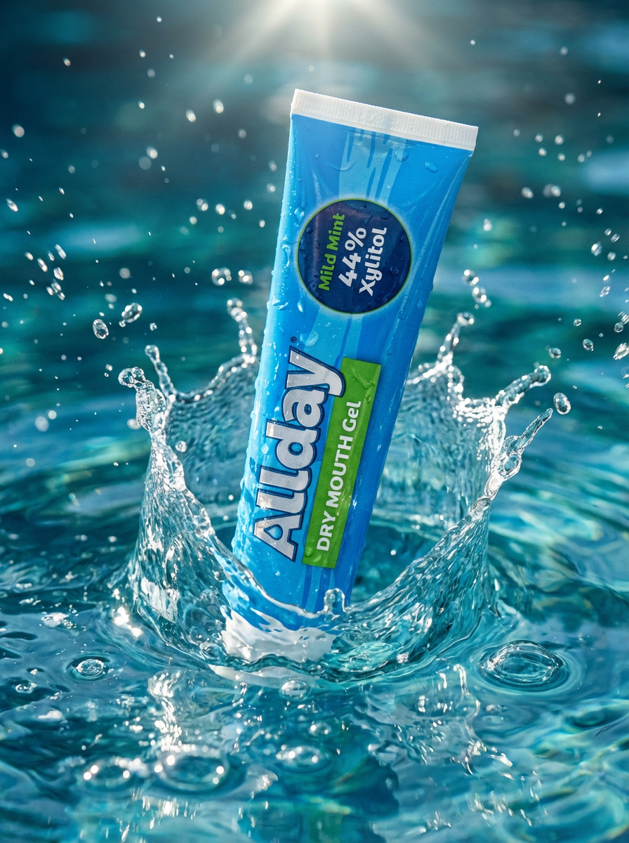Allday Dry Mouth Gel — mild mint formula with 44% xylitol and neutral pH that rapidly moisturizes and soothes oral tissue for long-lasting dry mouth relief.
