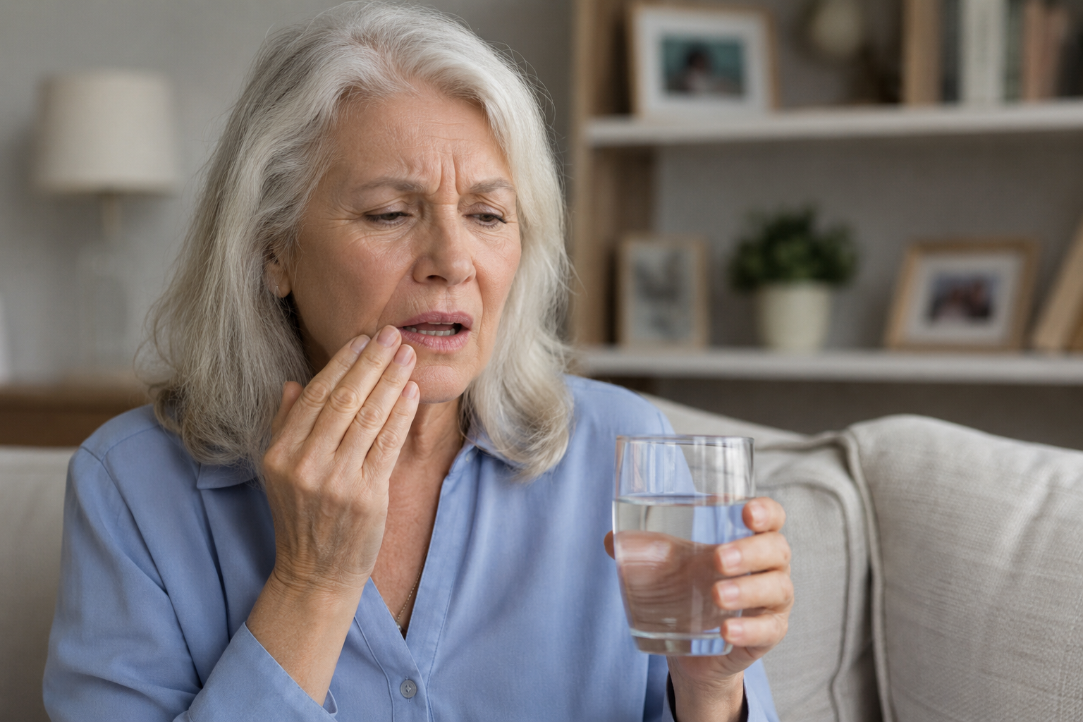Woman holding a glass of water and touching her face in discomfort, possibly experiencing toothache or dry mouth.