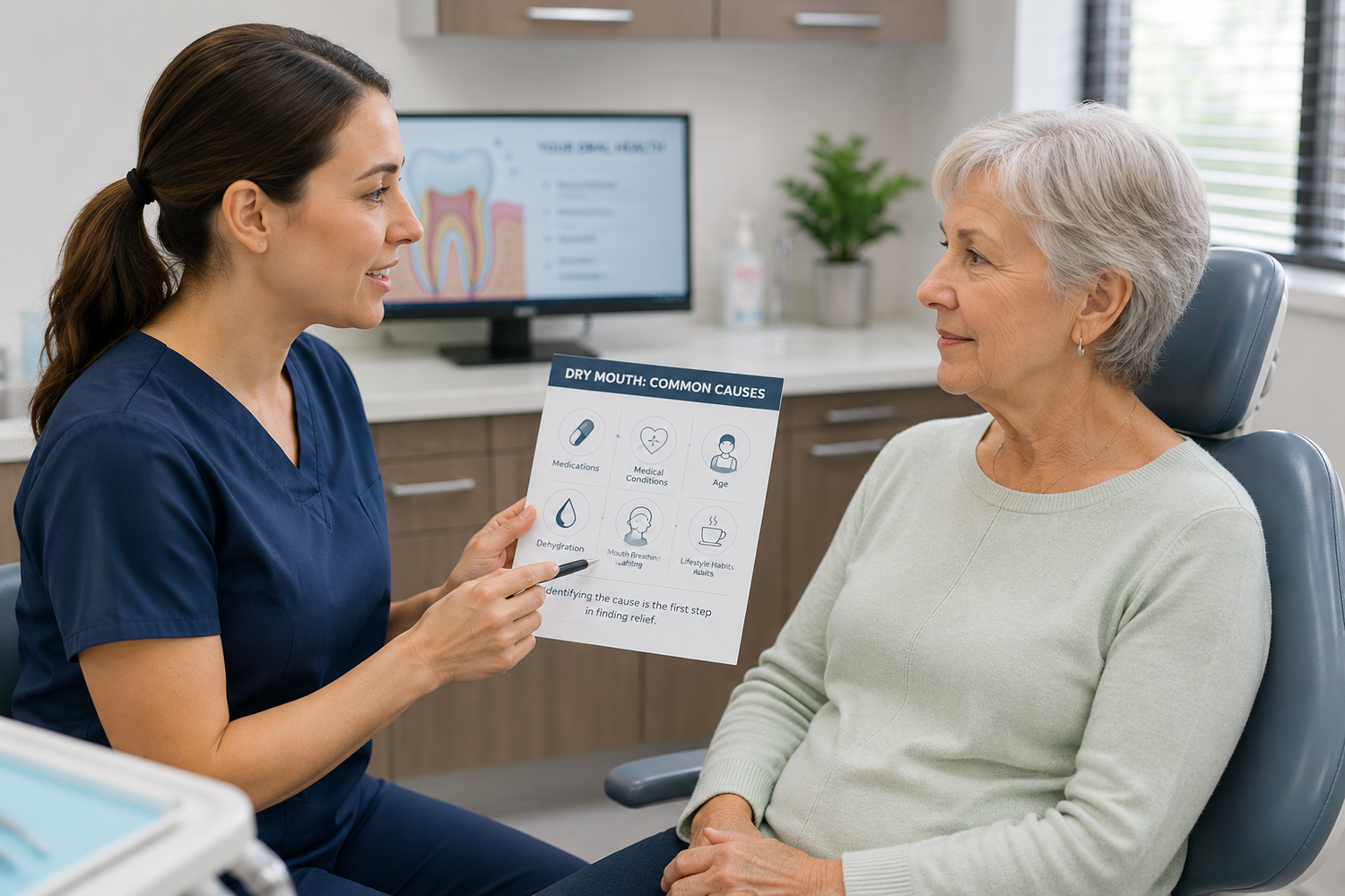 Dental professional explaining a dry mouth chart to a patient in a dental office.