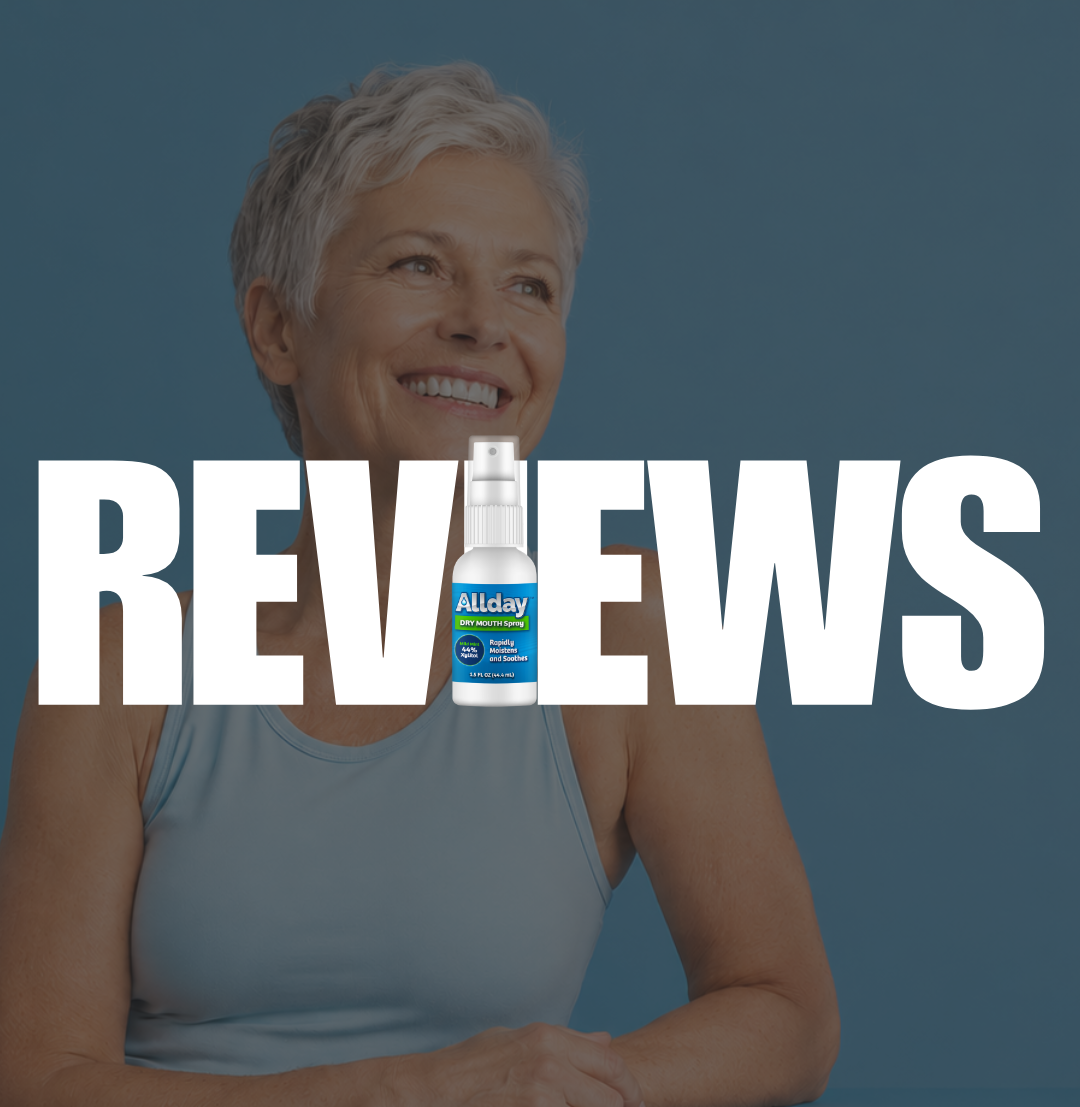 Woman holding a bottle with 'Allday' text, against a dark background with 'REVIEWS' text overlay.