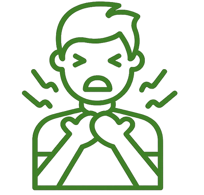 Outline of a person with a distressed expression clutching throat in pain