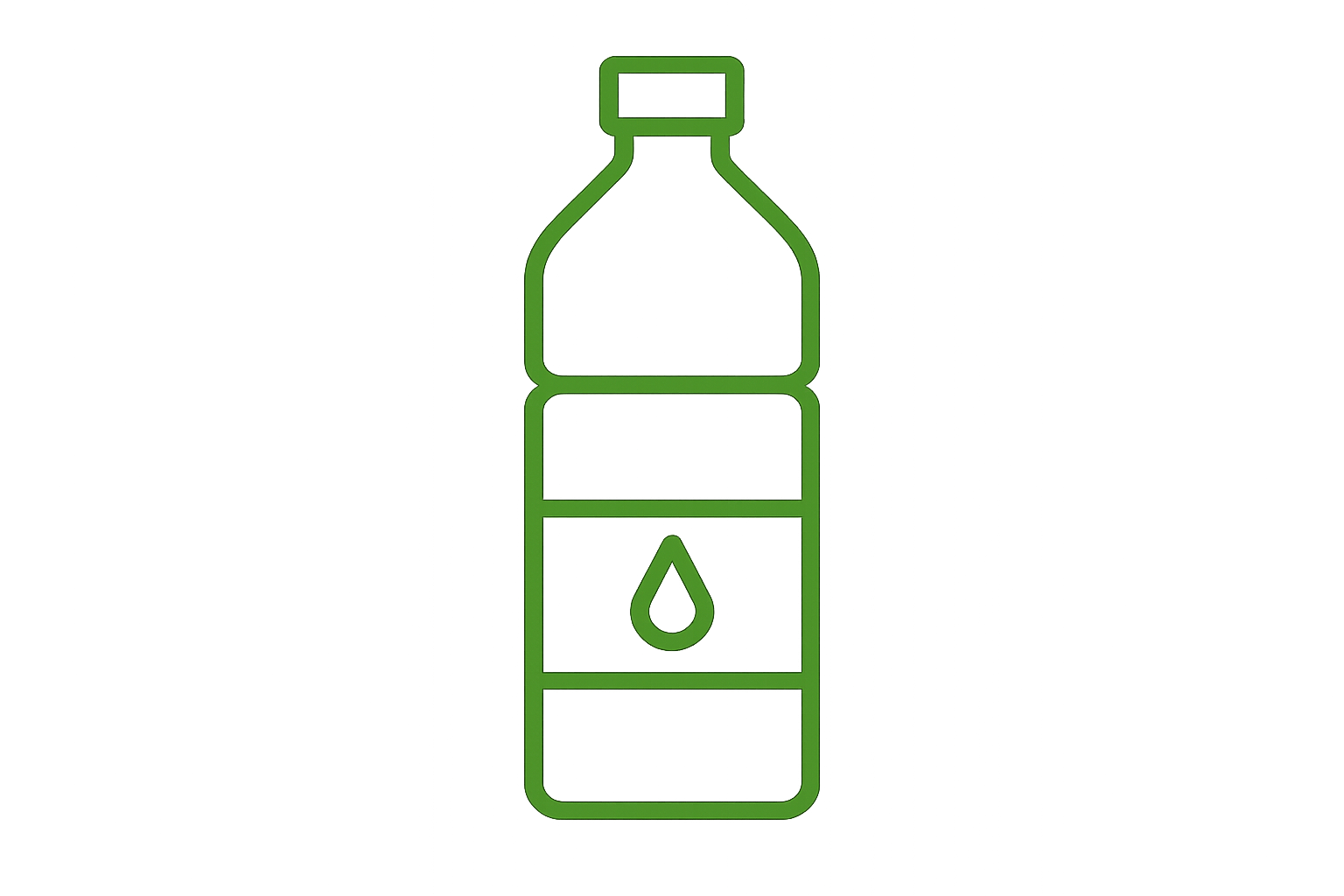 Green icon of a water bottle with a drop on a transparent background